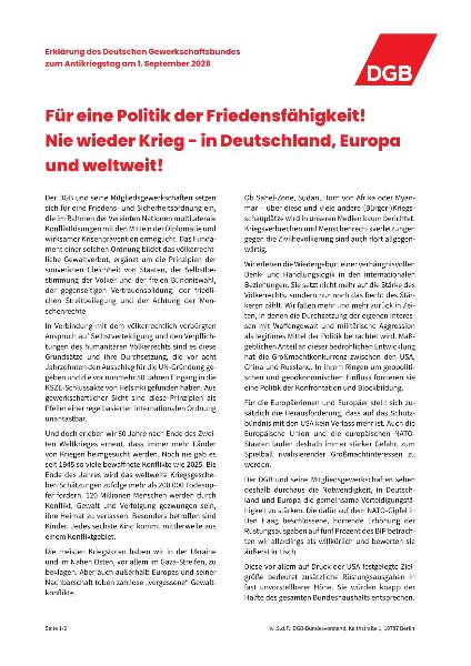 Erklärung des Deutschen Gewerkschaftsbundes zum Antikriegstag am 1. September 2025
