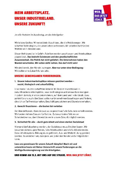 Petition Arbeit Industrieland Zukunft