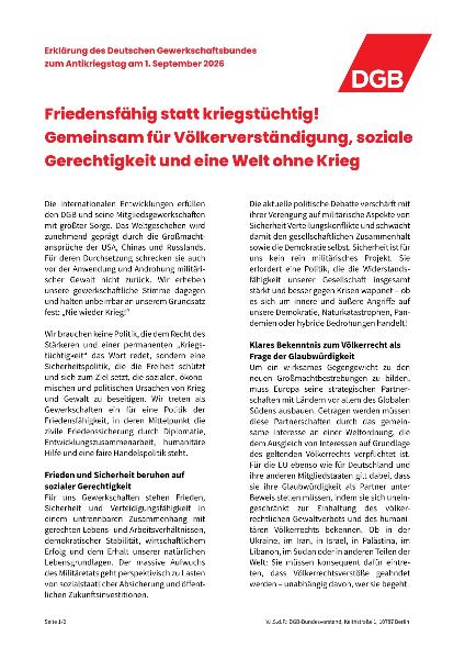 Erklärung des DGB zum Antikriegstag 2026